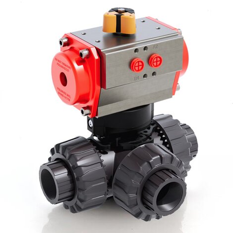 LKDGV/CP SA - Pneumatisch betätigter 3-Wege DUAL BLOCK® Kugelhahn DN 10:50